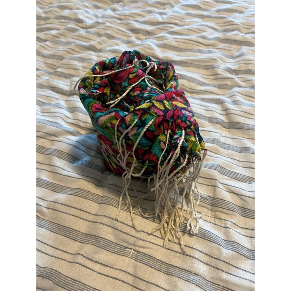 Multicolor Stained Glass Mosaic Scarf with White Fringe - Picture 8 of 8